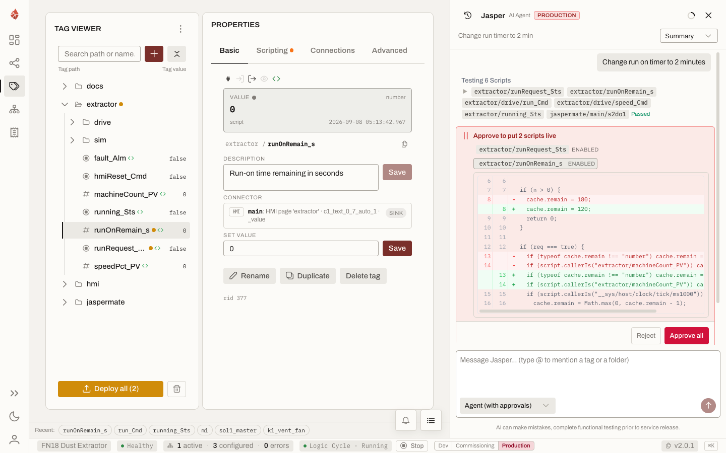 The Deploy Gate in the IDE: Jasper shows the script diff and waits for sign-off before putting two scripts live